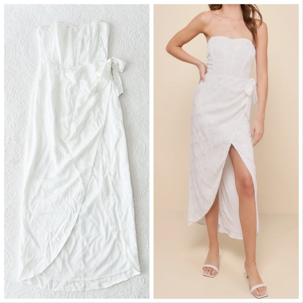 NWOT Lulus Adoring Praise Ivory Satin Jacquard Strapless Bustier Midi Dress